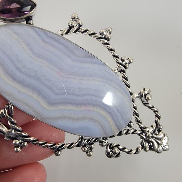 Handmade Silver Pendant with Blue Lace Agate and Amethyst - Picture 8 of 10